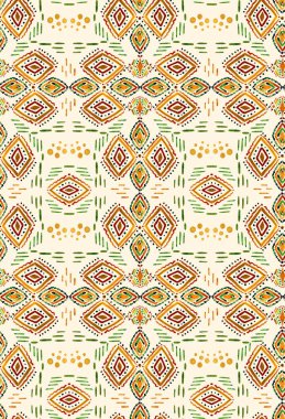 Renkli etnik noktalar ve eşkenar dörtgenlerle renksiz parlak desenler çizilmiş.