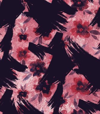 Renkli çiçekler ve boya fırçasıyla renksiz parlak desenli el çizimi 