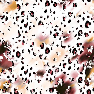 El çizimi, leopar deseni, siyah noktalar ve renkli çiçekler. 