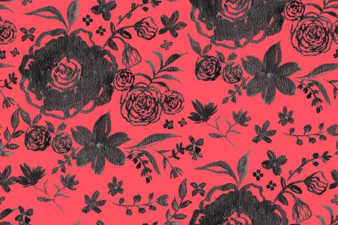 Renkli güllerle renksiz parlak desenli el çizimi 