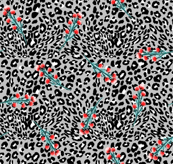 Hand Drawn Seamless Colorful Bright Pattern Leopard Spots Branches — Stock Photo, Image