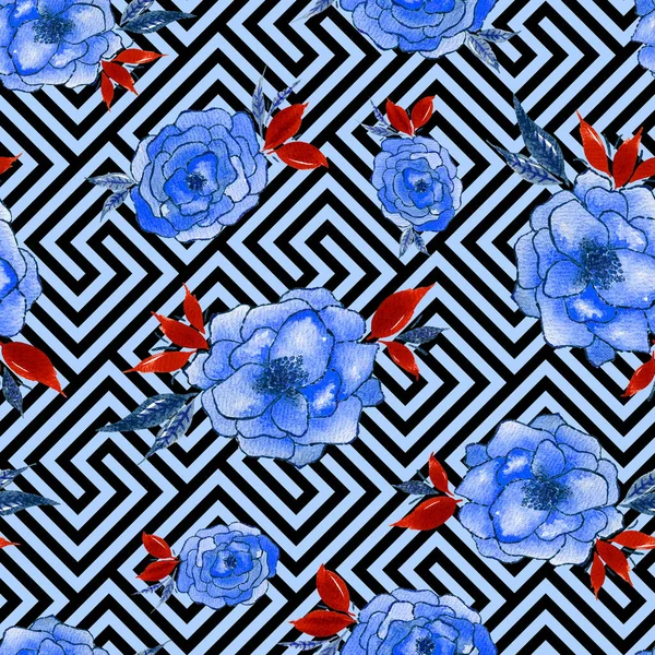 Handgezeichnete Nahtlose Helle Muster Mit Bunten Blumen Auf Geometrischem Hintergrund — Stockfoto