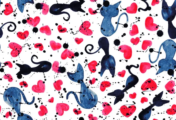 Kusursuz Renksiz Parlak Desenli Kediler Kalplerle — Stok fotoğraf