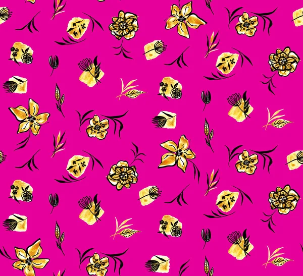 Hand Drawn Seamless Colorful Bright Pattern Golden Flowers — Fotografia de Stock