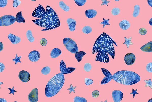 Hand Drawn Seamless Colorful Bright Pattern Colorful Fishes Seashells Starfishes — Stock Photo, Image