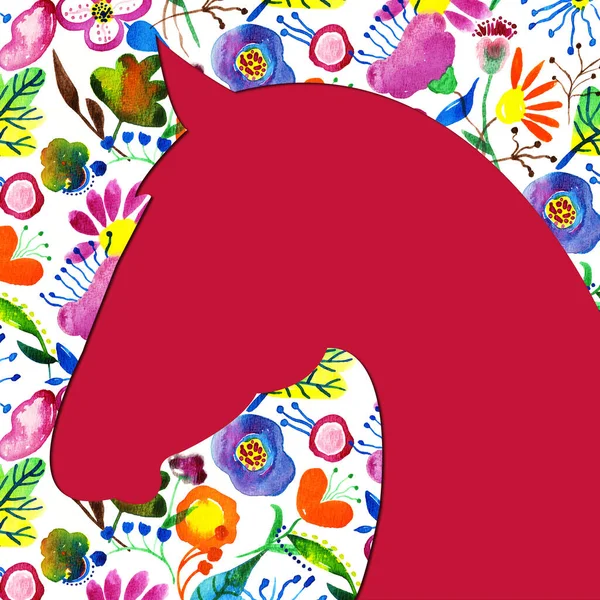 Seamless Colorful Flowers Pattern Horse Head — Stock Photo, Image