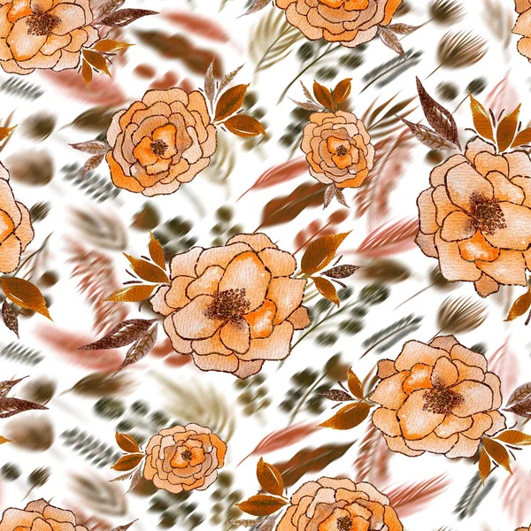 Nahtloses Muster Mit Verschwommenen Blättern Und Blüten — Stockfoto