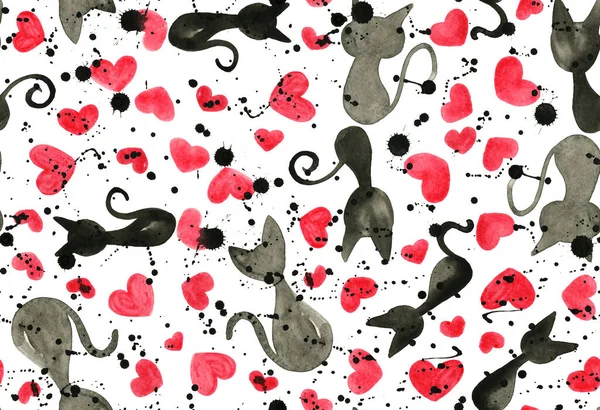Nahtlose Bunte Helle Muster Mit Katzen Und Herzen — Stockfoto