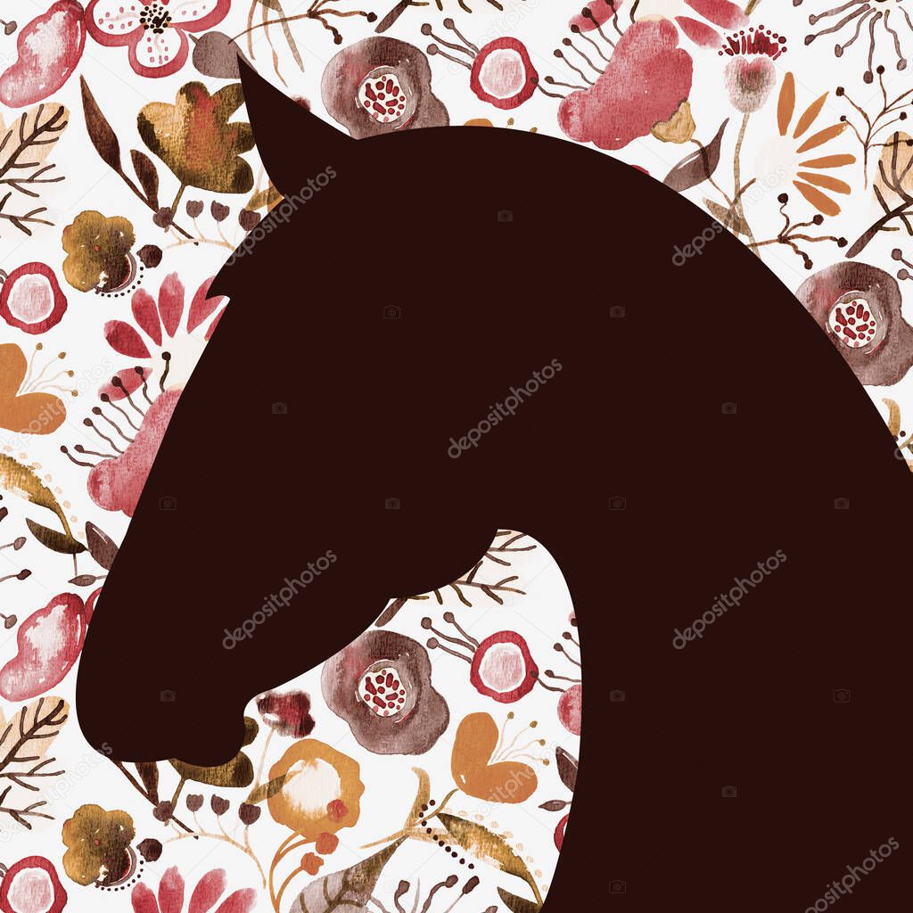 seamless colorful flowers pattern with horse head 