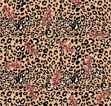 Leopar benekleri ve dalları olan renksiz parlak desenli el çizimi. 