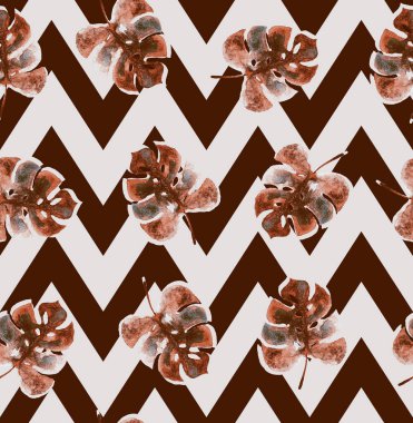 Sulu renkli tropik yapraklı kusursuz zigzag deseni