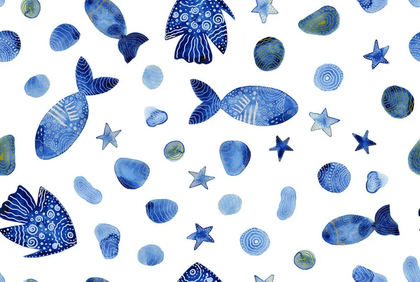 Hand Drawn Seamless Colorful Bright Pattern Colorful Fishes Seashells Starfishes — Stock Photo, Image