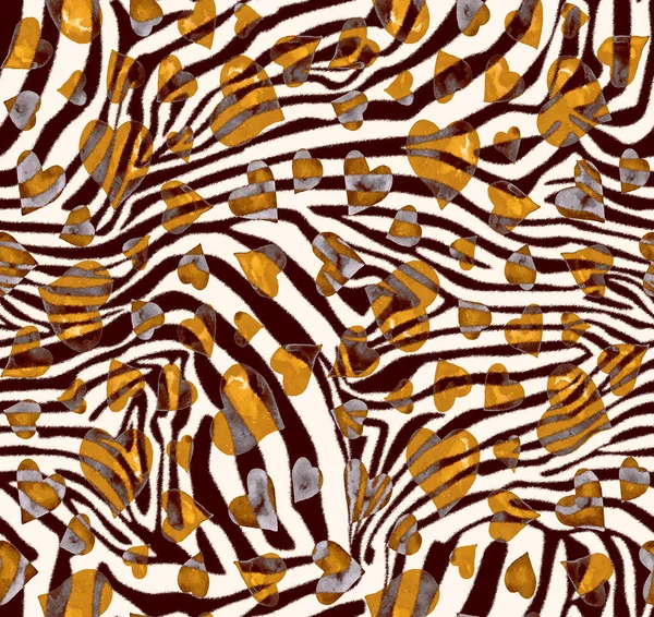 Padrão Colorido Sem Costura Com Listras Zebra Corações Aquarela — Fotografia de Stock
