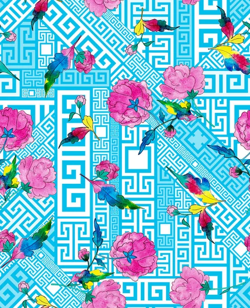 Dibujado Mano Brillante Sin Fisuras Con Flores Colores Fondo Geométrico —  Fotos de Stock