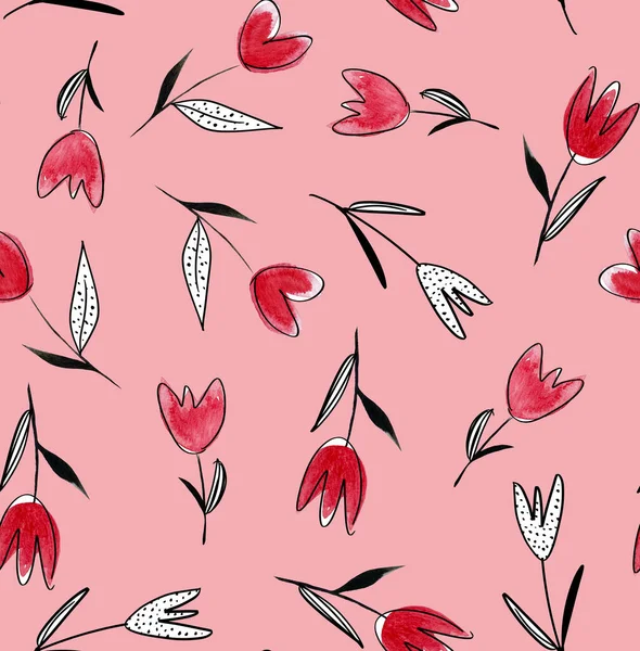 Kézfestés Absztrakt Akvarell Pasztell Tulipán Virágok Virágos Varrat Nélküli Minta — Stock Fotó