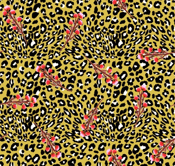 Hand Drawn Seamless Colorful Bright Pattern Leopard Spots Branches — Stock Photo, Image