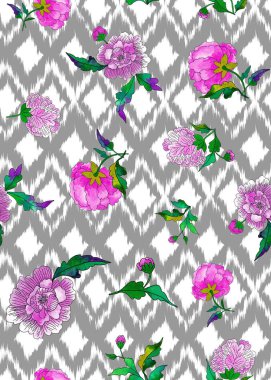 Renkli çiçeklerle renksiz, parlak desenli el çizimi