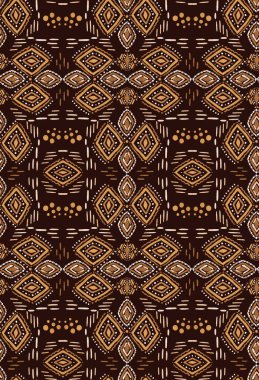 Renkli etnik noktalar ve eşkenar dörtgenlerle renksiz parlak desenler çizilmiş.