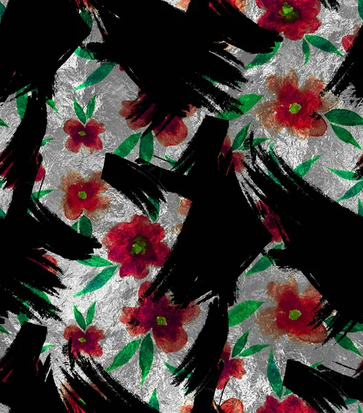 Ręcznie Rysowane Bezszwowe Kolorowe Jasny Wzór Kolorowymi Kwiatami Pędzlem Farby — Zdjęcie stockowe