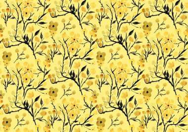 Japon dalları ve çiçekleriyle renksiz parlak desenli el çizimi.  