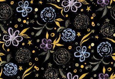 Renkli çiçeklerle renksiz, parlak desenli el çizimi 