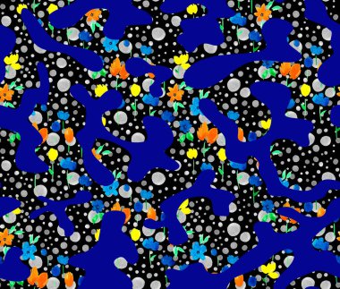 Renkli çiçeklerle renksiz, parlak desenli el çizimi 