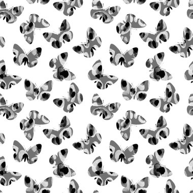Kelebekler ve noktalarla renksiz parlak desenler.
