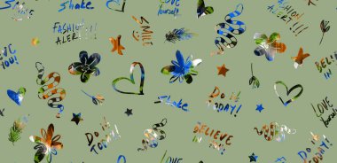 Kalpleri, yılanları, çiçekleri ve farklı metinleri olan kusursuz renkli parlak desen. 