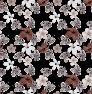 Tropik yapraklar ve çiçeklerle kusursuz desen 