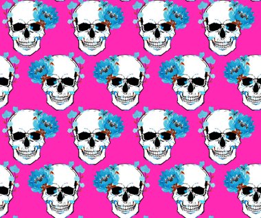 kusursuz suluboya renkli parlak desenli kafatası ve çiçeklerle, cadılar bayramı arkaplanı 