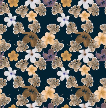 Tropik yapraklar ve çiçeklerle kusursuz desen 