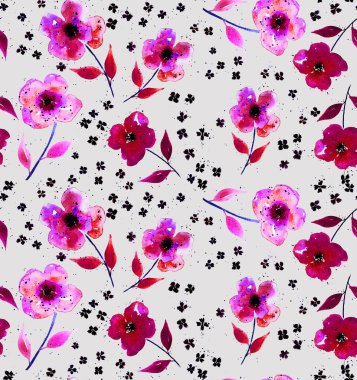 Renkli çiçeklerle renksiz, parlak desenli el çizimi