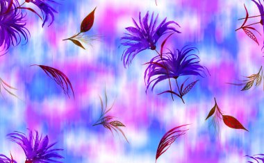 Renkli çiçekler ve yapraklarla renksiz parlak desenli el çizimi