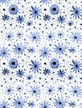 Renkli çiçekler ve noktalarla renksiz parlak desenler çizilmiş.