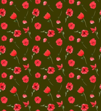 Renkli gelincik çiçekleriyle renksiz, parlak desenli el çizimi.