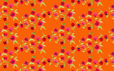 El çizimi pürüzsüz suluboya kırmızı çiçeklerle renkli parlak desen