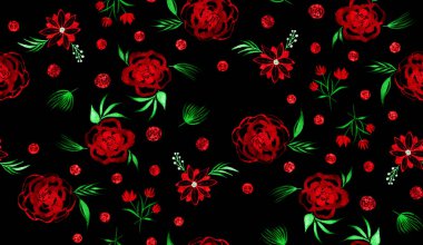 Renkli çiçeklerle renksiz, parlak desenli el çizimi