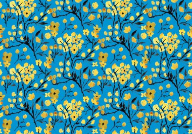 Japon dalları ve çiçekleriyle renksiz parlak desenli el çizimi.  