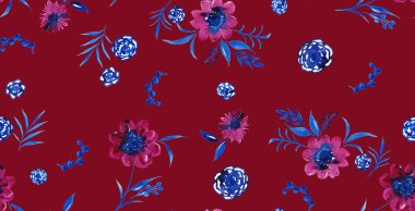 Renkli çiçeklerle renksiz, parlak desenli el çizimi