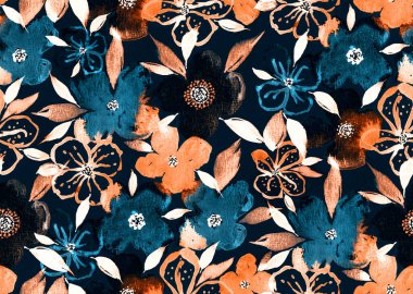 Renkli çiçeklerle renksiz, parlak desenli el çizimi