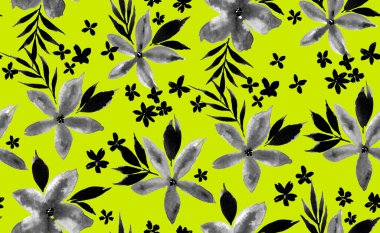 Renkli çiçeklerle renksiz, parlak desenli el çizimi