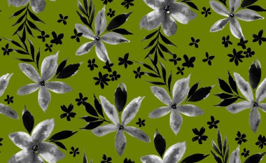 Renkli çiçeklerle renksiz, parlak desenli el çizimi