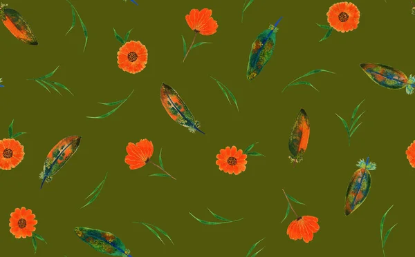 Hand Drawn Seamless Colorful Bright Pattern Orange Flowers — Stockfoto