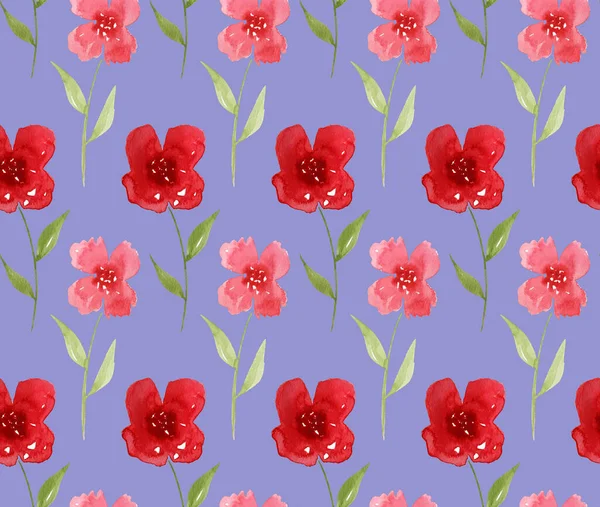 Hand Drawn Seamless Watercolor Colorful Bright Pattern Red Flowers — Stockfoto