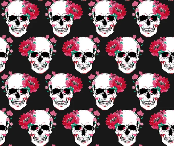 Seamless Watercolor Colorful Bright Pattern Skulls Flowers Halloween Background — Stockfoto