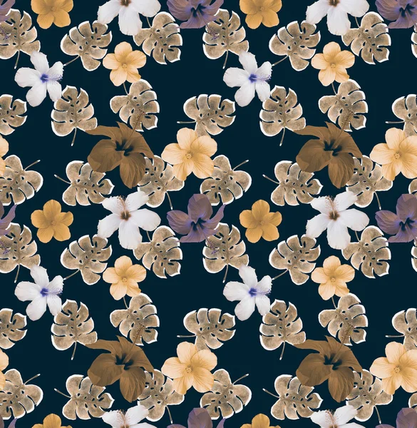 Seamless Pattern Tropical Leaves Flowers — Stock Photo, Image