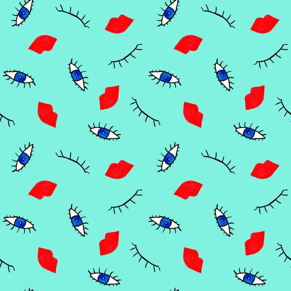 Abstract Seamless Colorful Bright Pattern Eyes Red Lips — Photo