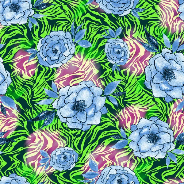 Handgezeichnete Nahtlose Bunte Helle Muster Mit Bunten Blumen Auf Zebrahintergrund — Stockfoto