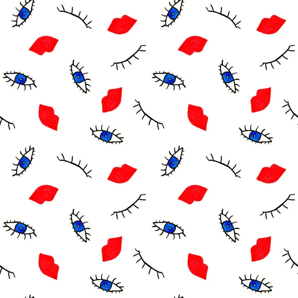 Abstract Seamless Colorful Bright Pattern Eyes Red Lips — Stock Fotó