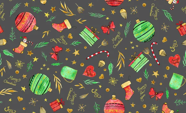 Met Hand Getekend Naadloos Kleurrijk Patroon Met Kerst Decoraties — Stockfoto
